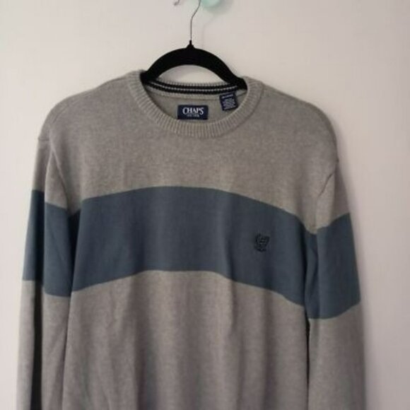 Chaps Gray & Blue Striped Mens Sweater XL 100% Cotton Crewneck - Picture 4 of 12